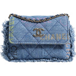 Chanel Denim Mood Flap Micro Logo Printed Fringed Shoulder Bag CHA185