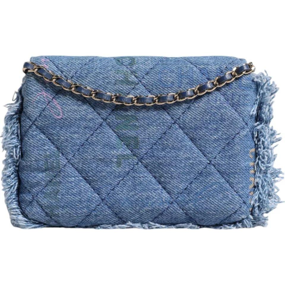 Chanel Denim Mood Flap Micro Logo Printed Fringed Shoulder Bag CHA185