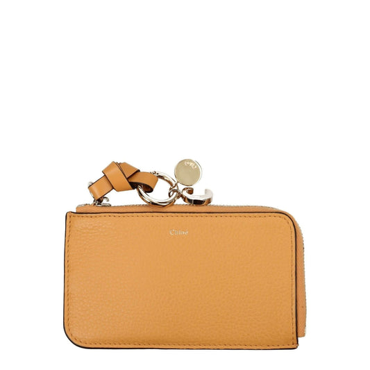 Chloé Orange Leather Wallet with gold accents and zip closure, featuring a front logo and casual style, size 7.5x13 cm.
