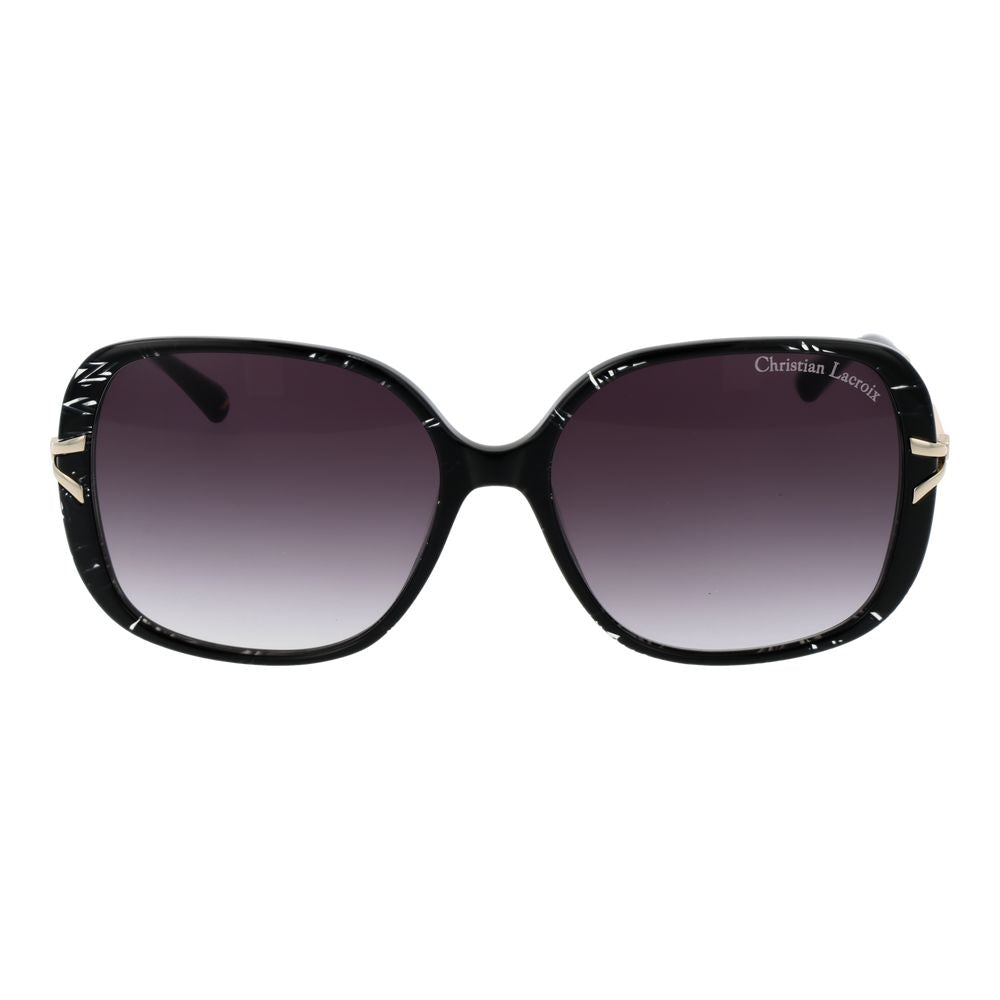 Christian Lacroix Black Women Sunglass with black acetate frame and purple mirrored gradient lenses, stylish square design.
