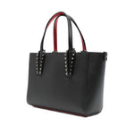Christian Louboutin Cabata mini leather tote bag with black spiked studs and detachable shoulder strap. Depth: 9cm, Height: 17cm.