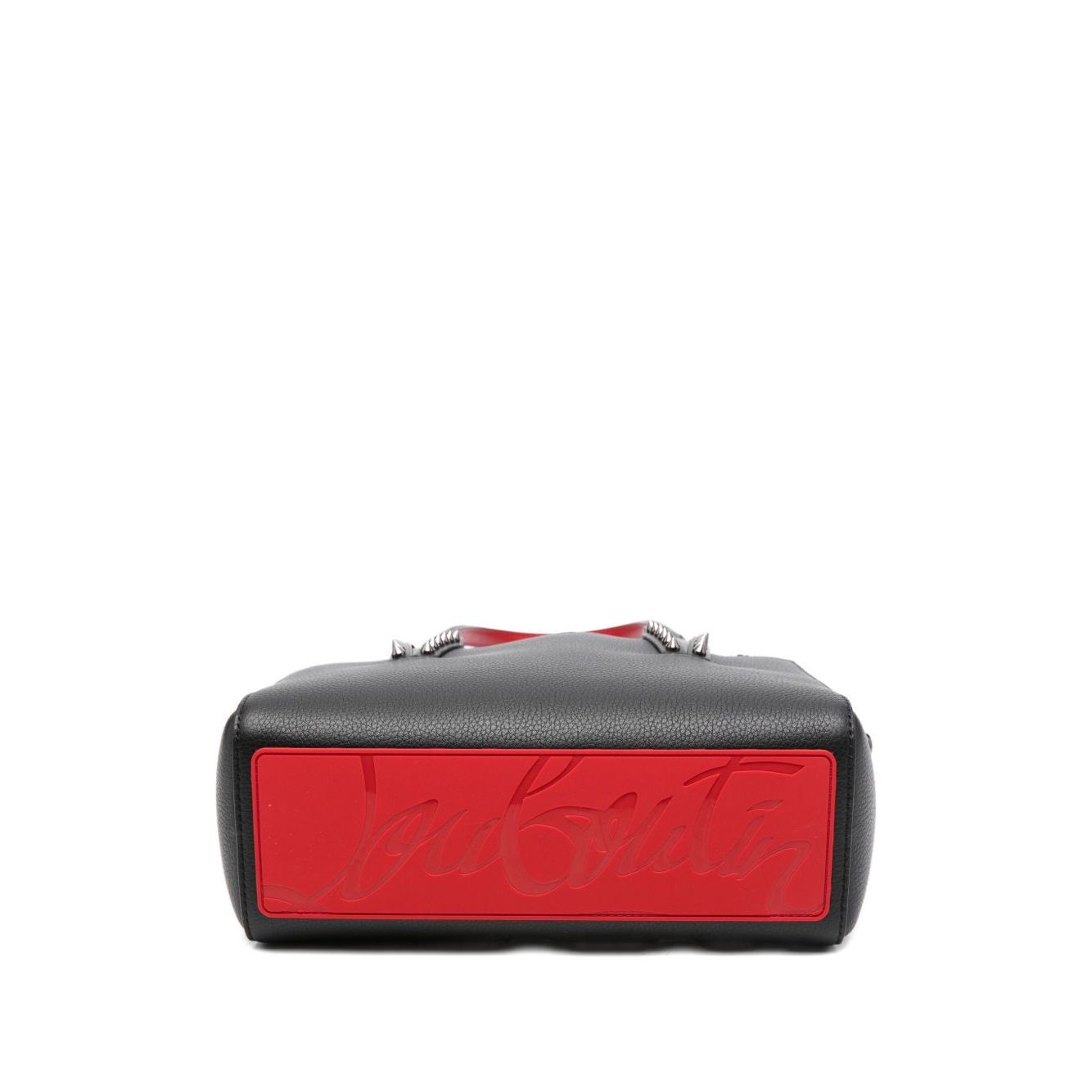 Christian Louboutin Cabata mini leather tote bag with black spiked studs and flat handles, shown from the bottom with signature logo.