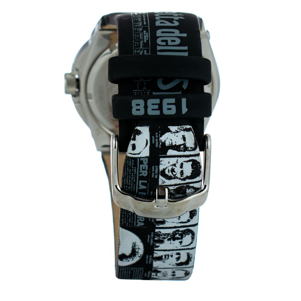 Back view of a sport watch with black and white printed strap and silver buckle clasp, design elements visible on strap and case.