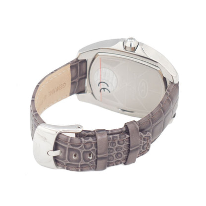Back view of Chronotech Gray Leather Dress Watch with silver steel case and gray leather strap, featuring quartz analog movement.
