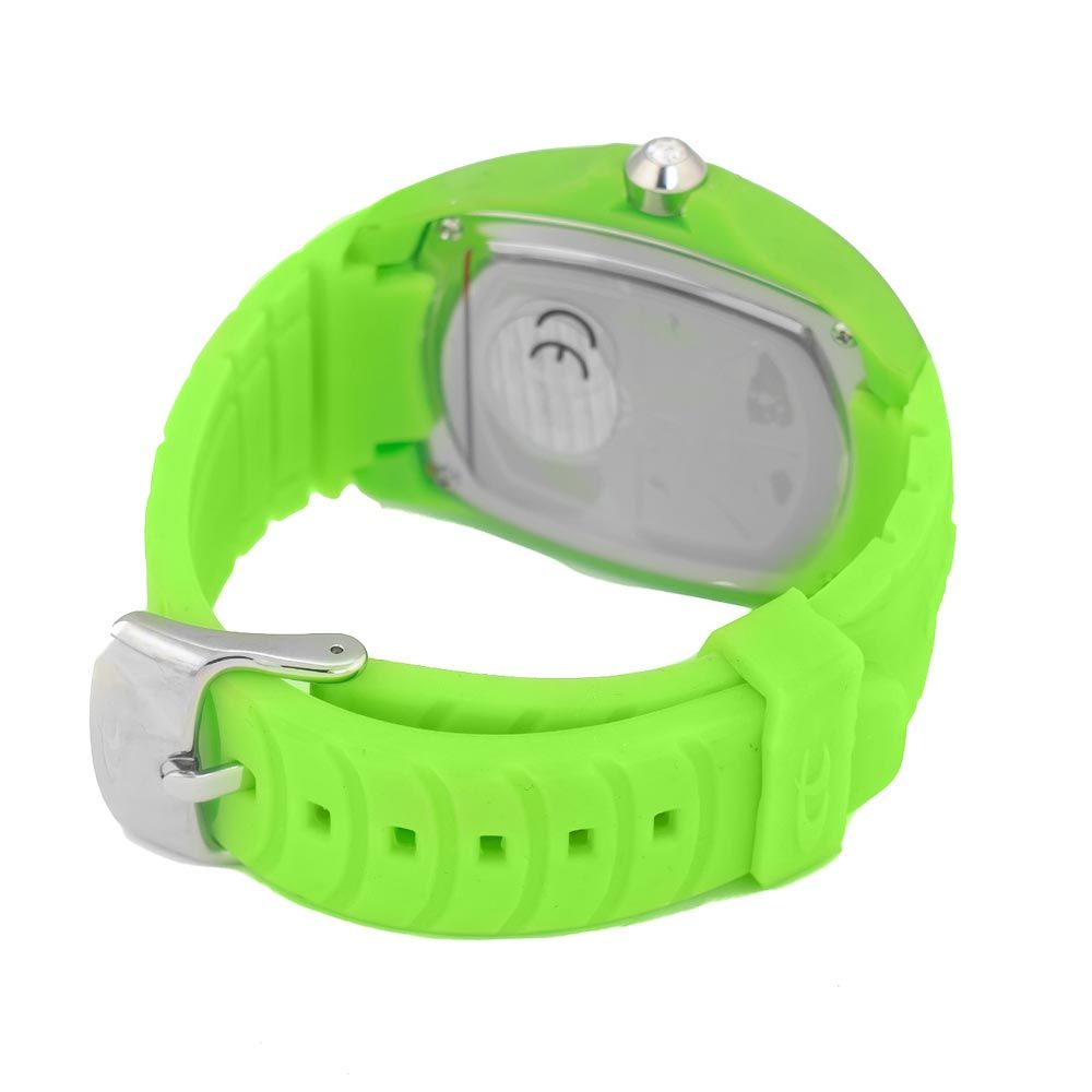 Back view of Chronotech Green Rubber Bracelet Watch with polycarbonate case and buckle closure.