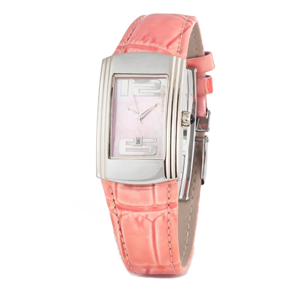 Chronotech Multicolor Leather Bracelet Watch with silver steel case, pink leather bracelet, and pink dial featuring analog quartz display.