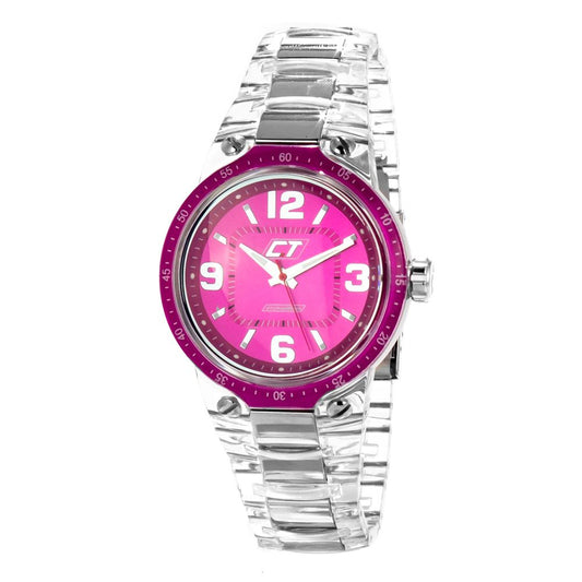 Chronotech Transparent Polycarbonate Watch with pink dial and chronograph-date function, quartz mechanism, and mineral glass.