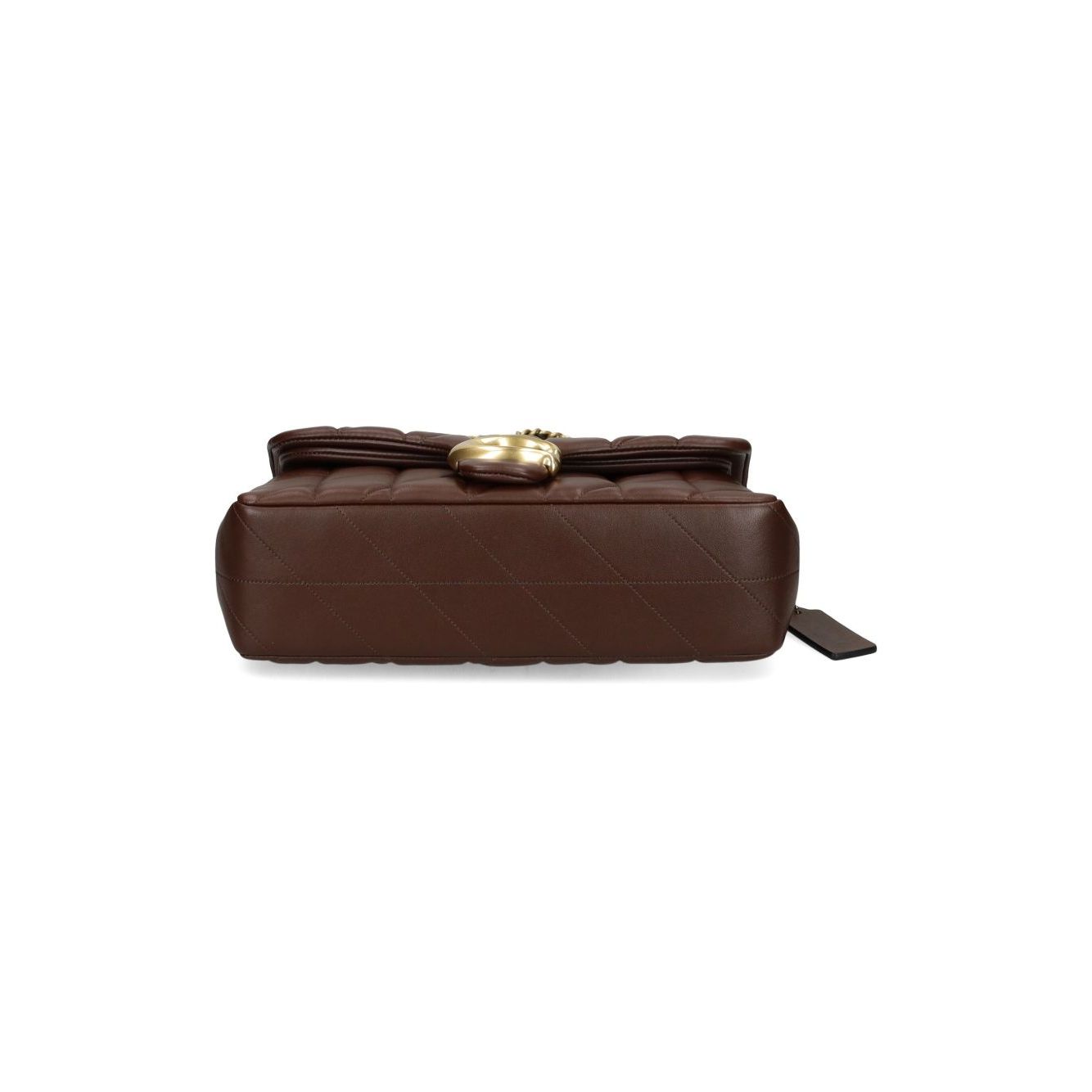 Bottom view of Coach Tabby 26 Shoulder Bag in chestnut brown nappa leather with quilted design and golden C logo plaque.