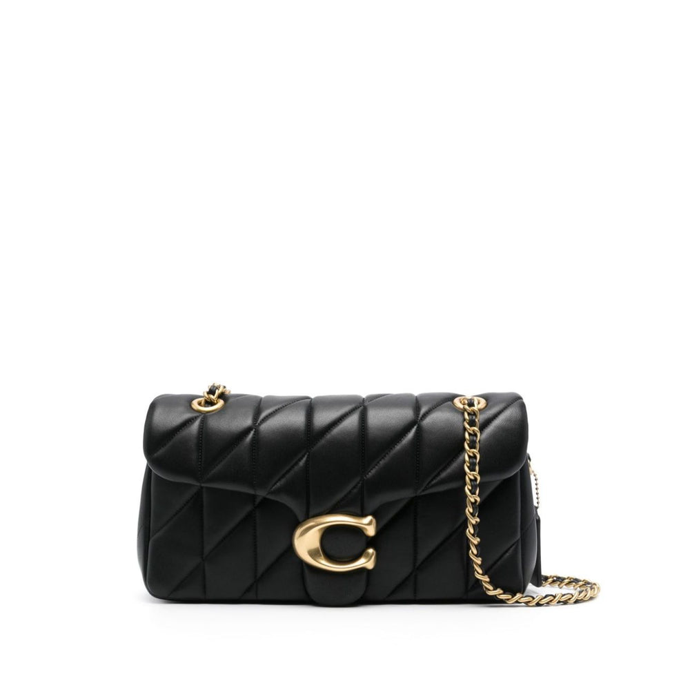 Black quilted Coach Tabby shoulder bag with gold-tone logo and chain strap.