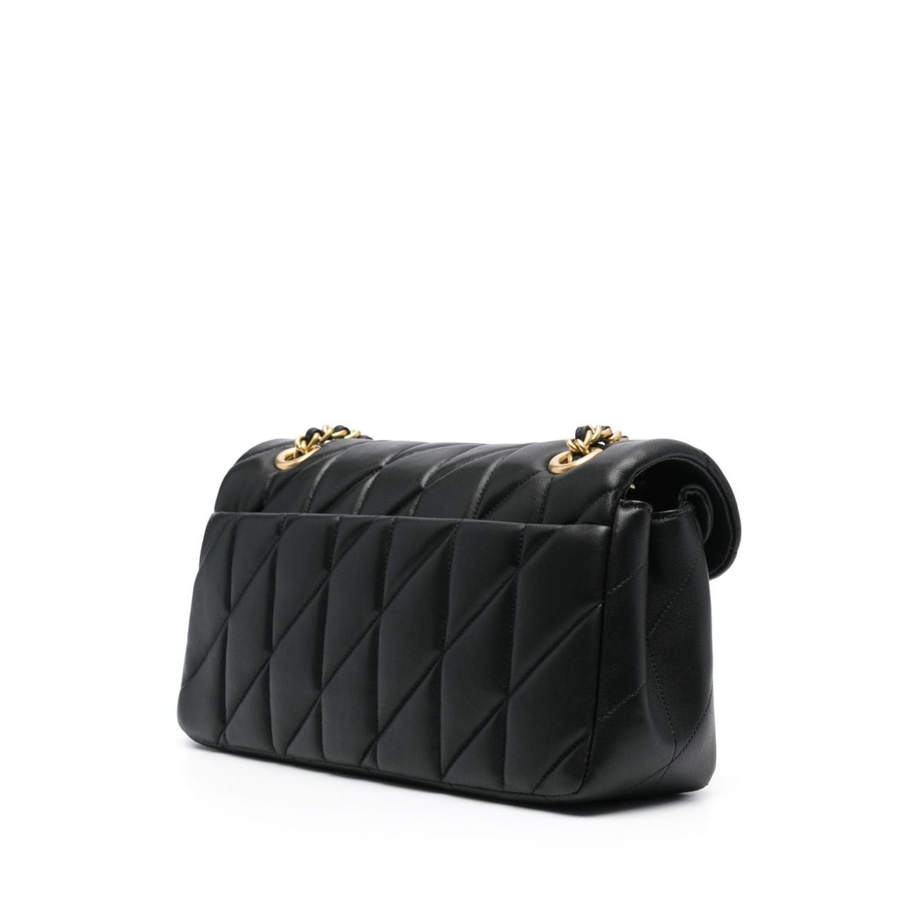 Rear view of Coach Tabby shoulder bag in black quilted calf leather with gold-tone hardware and chain-link strap.