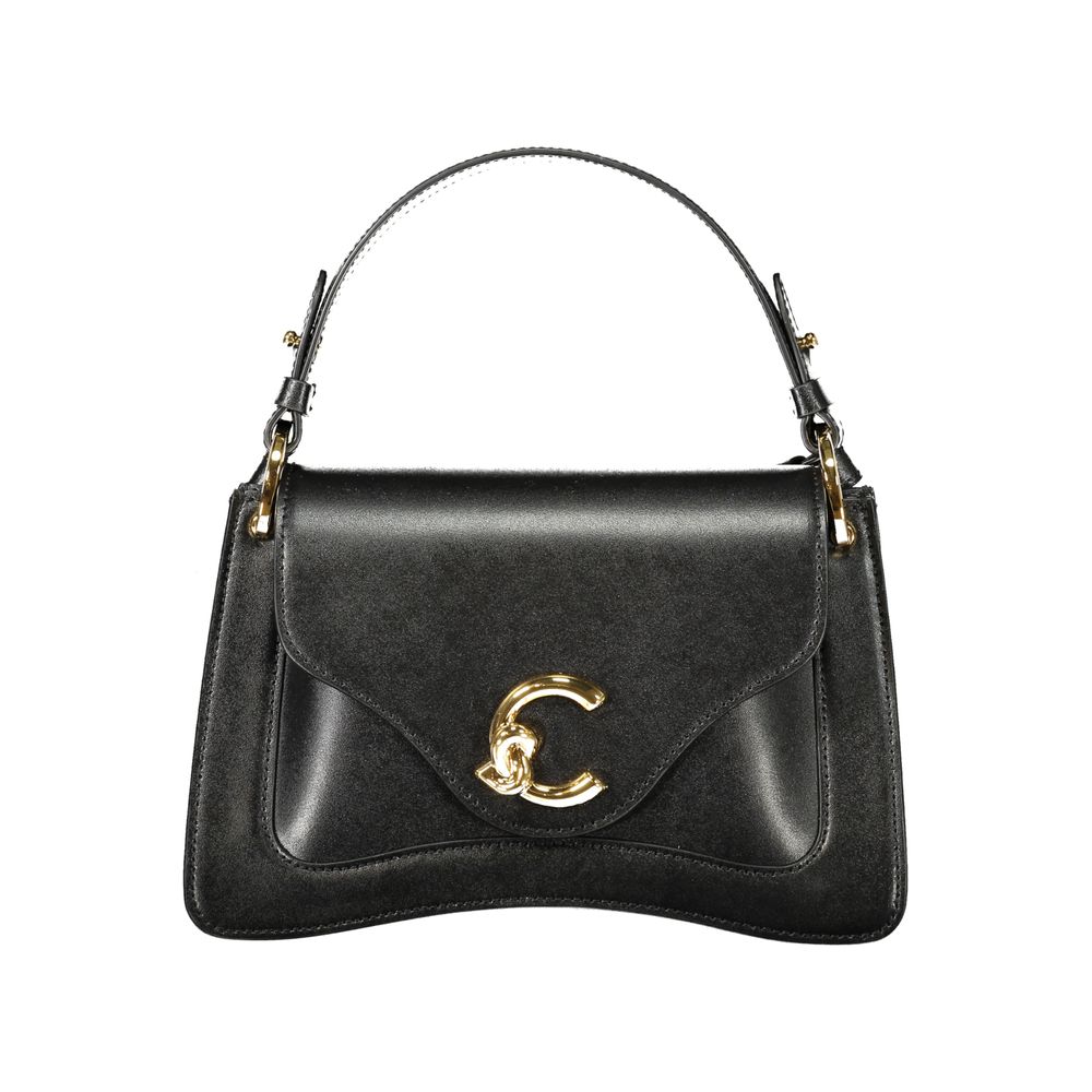 Coccinelle Black Leather Women Handbag with signature logo, removable handle, and adjustable strap for versatile styling.