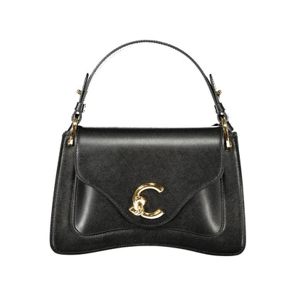 Coccinelle Black Leather Women Handbag with signature logo, removable handle, and adjustable strap for versatile styling.