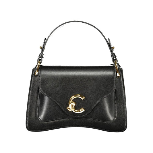 Coccinelle Black Leather Women Handbag with signature logo, removable handle, and adjustable strap for versatile styling.