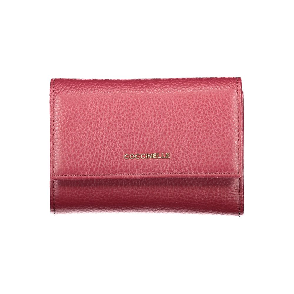 Coccinelle Purple Leather Women Wallet, Italian-crafted with iconic logo, featuring multiple compartments, card slots, and coin pocket.