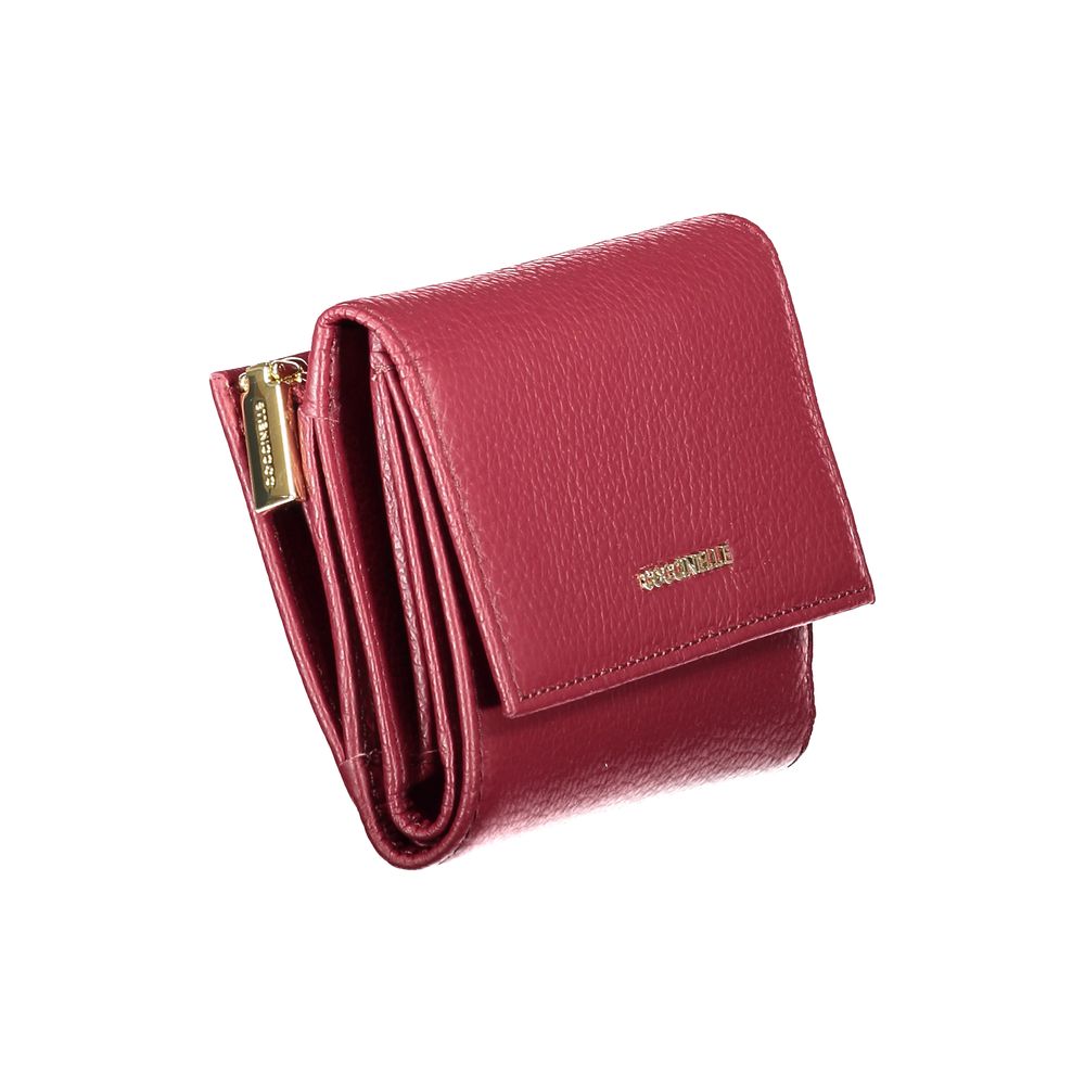 Coccinelle Purple Leather Women Wallet with metallic finish, featuring high-fashion Italian design, card slots, and secure zip closure.