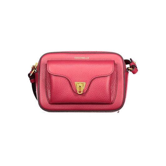 Coccinelle Red Leather Women Handbag with adjustable strap and rotary closure, featuring branded logo and external pocket for chic style.