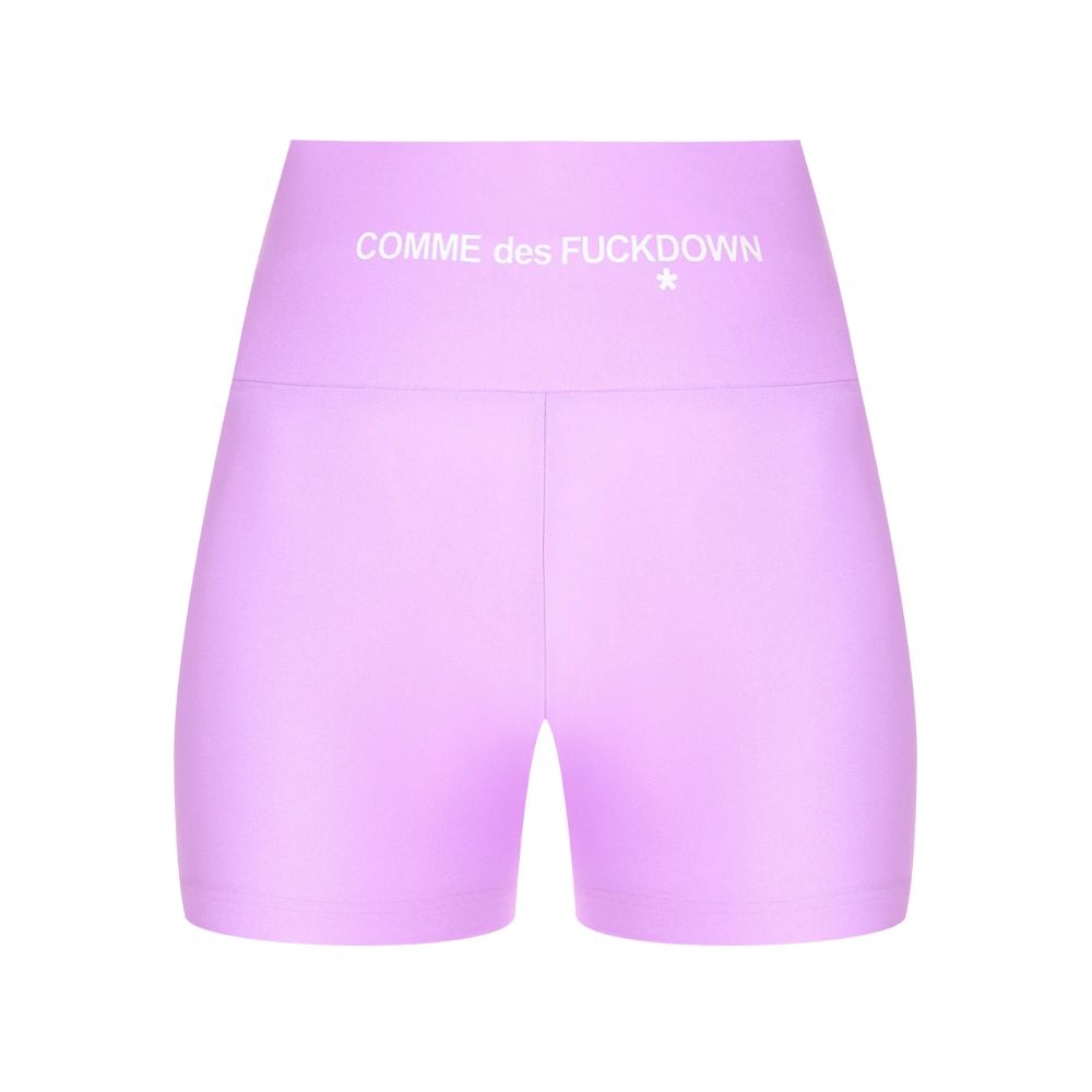 Comme Des Fuckdown Purple Polyester Short with front logo print in stretch lycra, ideal for fashion and comfort.