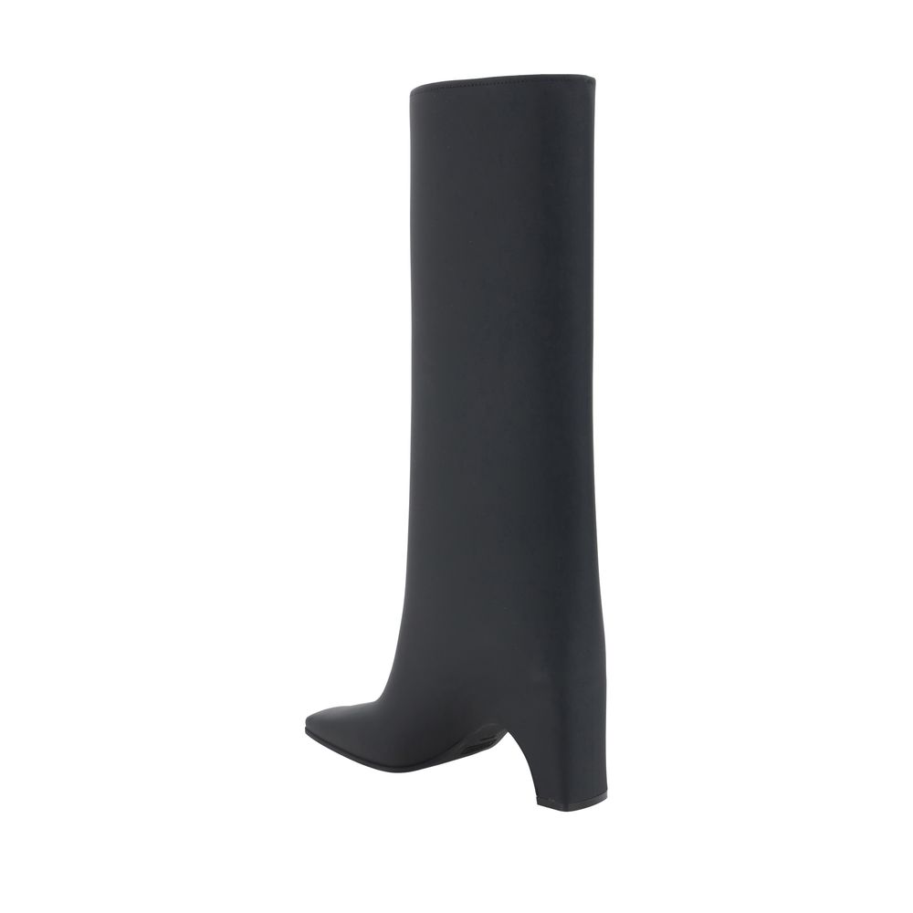 Coperni Black Rubber Over The Knee boot with square toe and geometric heel, featuring iconic monogram on the shaft for contemporary style.