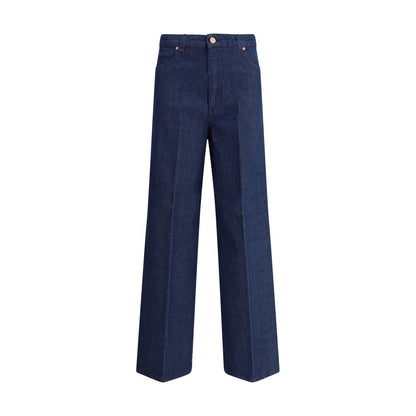 Cruna Blue Cotton Relaxed Fit Jeans with wide leg design and five pockets, ideal for a casual yet fashionable look.