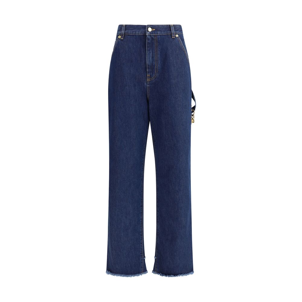 Darkpark Blue Cotton Jeans Denim with gold chain, button-and-zip closure, raw-cut hem, and loose five-pocket style for urban look.
