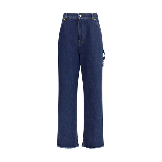 Darkpark Blue Cotton Jeans Denim with gold chain, button-and-zip closure, raw-cut hem, and loose five-pocket style for urban look.