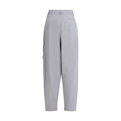 Darkpark Gray Polyester Casual Pants with gold chain detail and front pleats, featuring button closure, perfect for a sophisticated look.