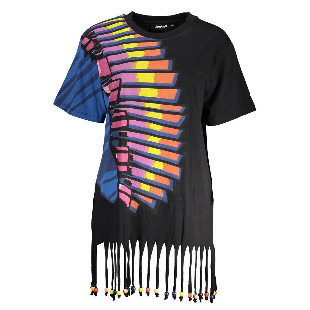 Desigual Black Cotton Women Dress with vibrant, contrasting print and fringe hem detailing.
