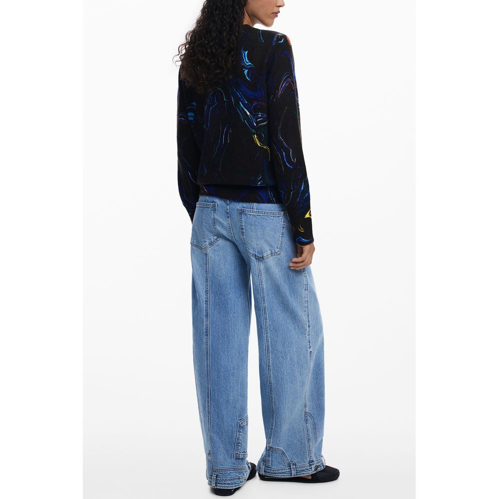 Desigual Black Polyamide Women Sweater with artistic patterns and long sleeves shown from the back view worn with blue jeans.
