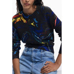 Desigual Black Polyamide Women Sweater with Butterfly Lacroix pattern, crew neck design, and comfortable fit.