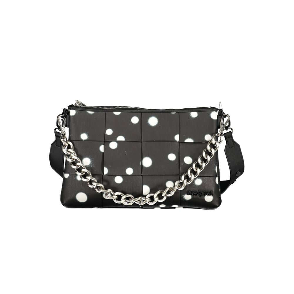 Desigual Black Polyethylene Handbag with polka dots, chain shoulder handle, and adjustable strap, featuring multiple compartments.