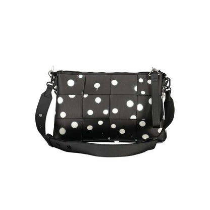Desigual Black Polyethylene Handbag with polka dots, adjustable strap, removable chain handle, and multiple compartments.