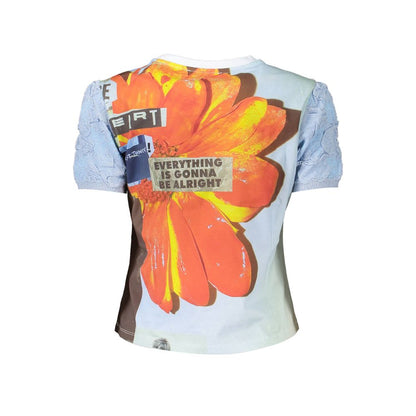 Back view of Desigual Blue Cotton Women T-Shirt with vibrant floral print and slogan "Everything Is Gonna Be Alright."