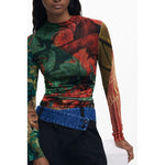 Desigual Green Viscose Women Sweater with colorful pattern from Lacroix Jersey collection, turtleneck style, modernist chic look.