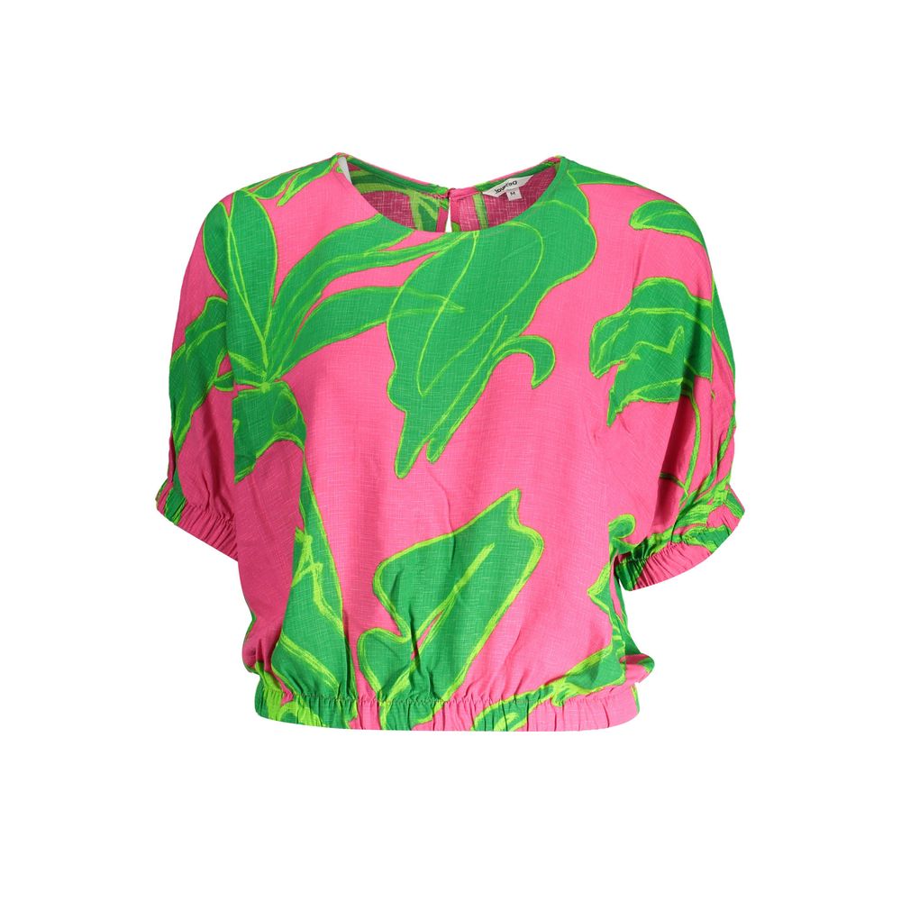 Desigual Pink Viscose Women Top with green leaf design, elastic waist, wide neckline, chic button detail, and iconic logo.