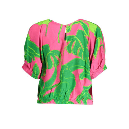 Desigual Pink Viscose Women Top with short sleeves, wide neckline, chic button detail, elastic waist, and green contrasting pattern.