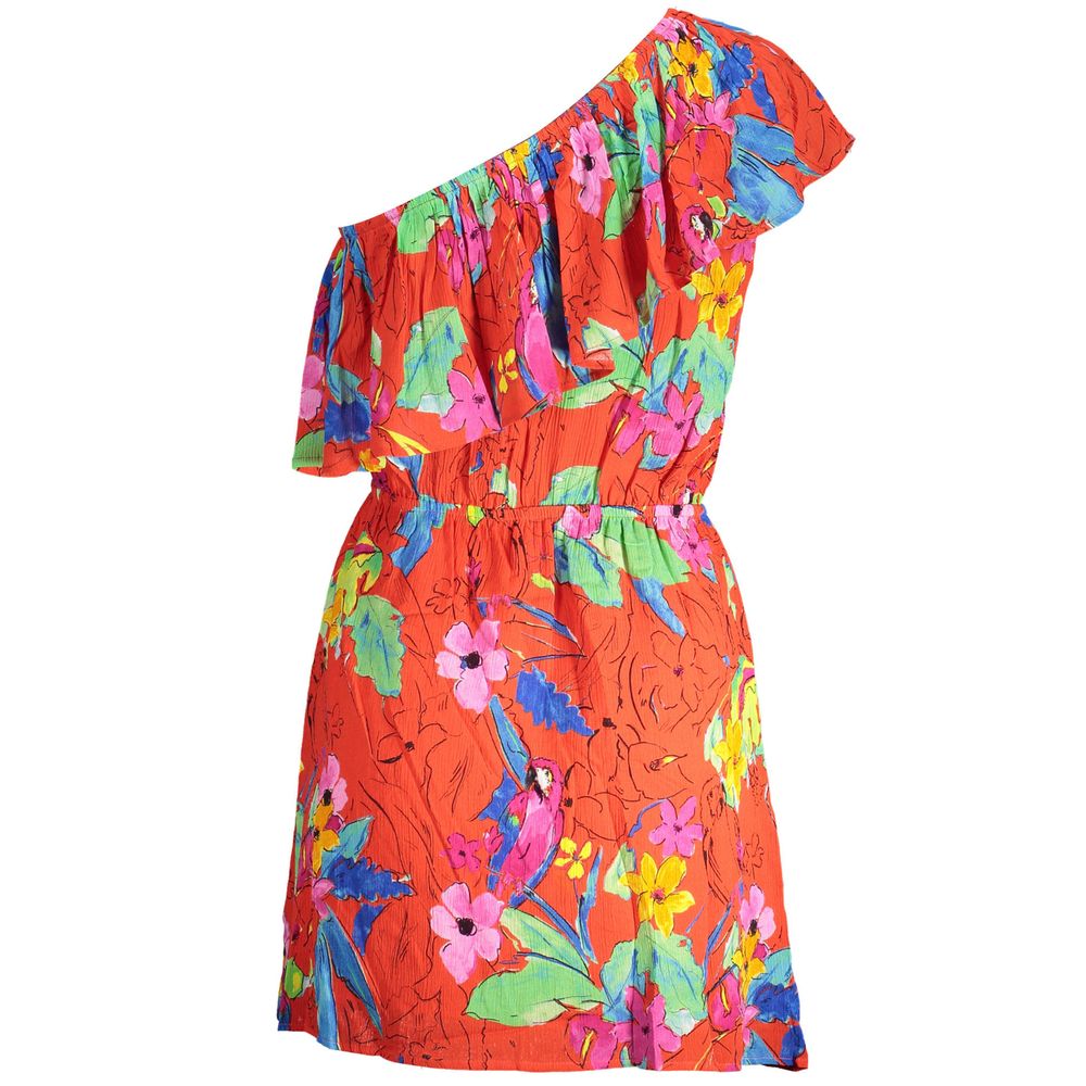Desigual Red Viscose Women Dress with floral print, one-shoulder design, elastic waist, chic style.