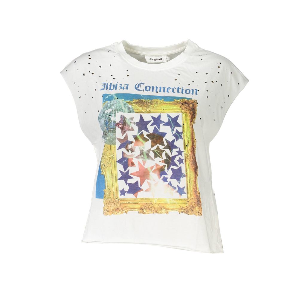 Desigual White Cotton Women Top with bold print and contrasting details, features sleeveless design and round neck for fashion-forward style