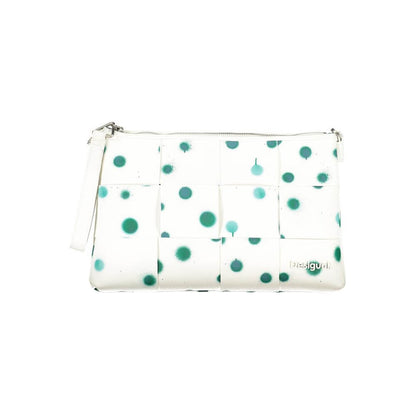 Desigual White Polyethylene Handbag with polka dots, removable chain handle, adjustable strap, multiple compartments, and contrast details.