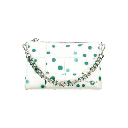 Desigual White Polyethylene Handbag with polka dots, chain shoulder handle, removable strap, and multiple compartments.