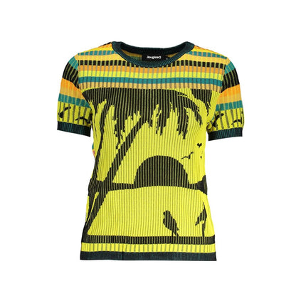 Desigual Yellow Viscose Women Sweater with artistic stripe design, round neck, and contrasting details.