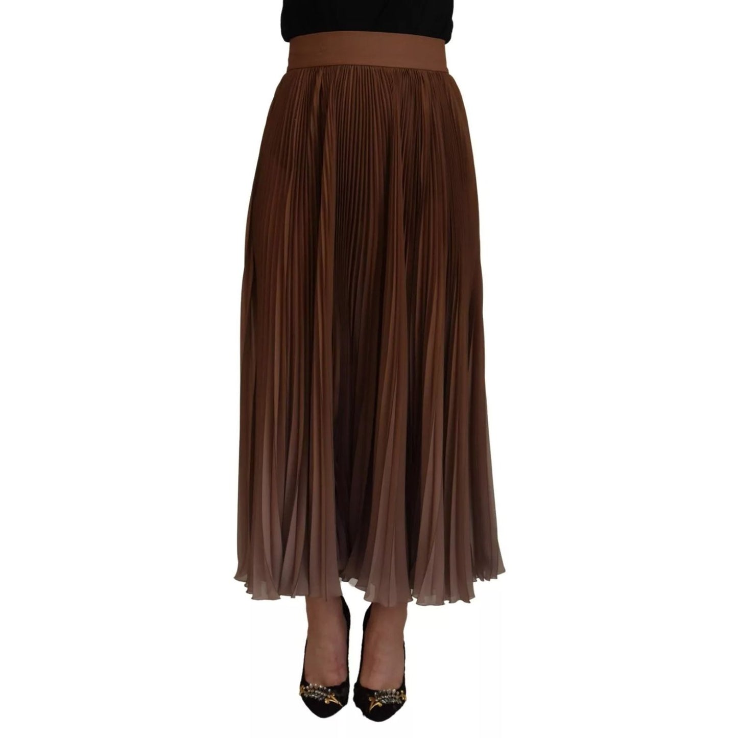 Dolce & Gabbana Beige Longuette Plisse Chiffon Midi Skirt with pleated design and high waist, elegant fashion for autumn.