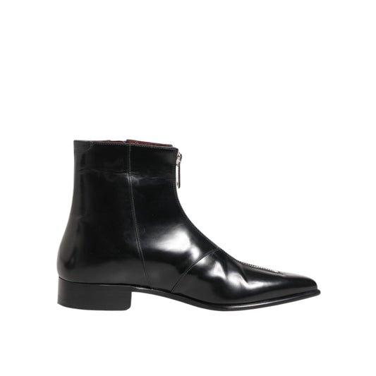 Dolce & Gabbana Black Calfskin Leather Men SHORT Boots Shoes with side zipper and sleek silhouette.