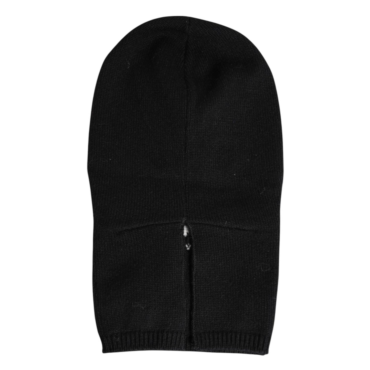 Dolce & Gabbana Black Cashmere Knitted Ski Mask Balaclava Hat made from 100% cashmere, featuring logo details, displayed flat.