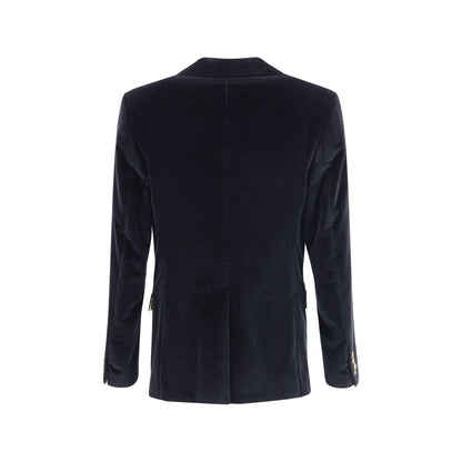 Back view of Dolce & Gabbana Black Cotton Blazer with velvet texture and peak lapels, showcasing sophisticated tailoring.