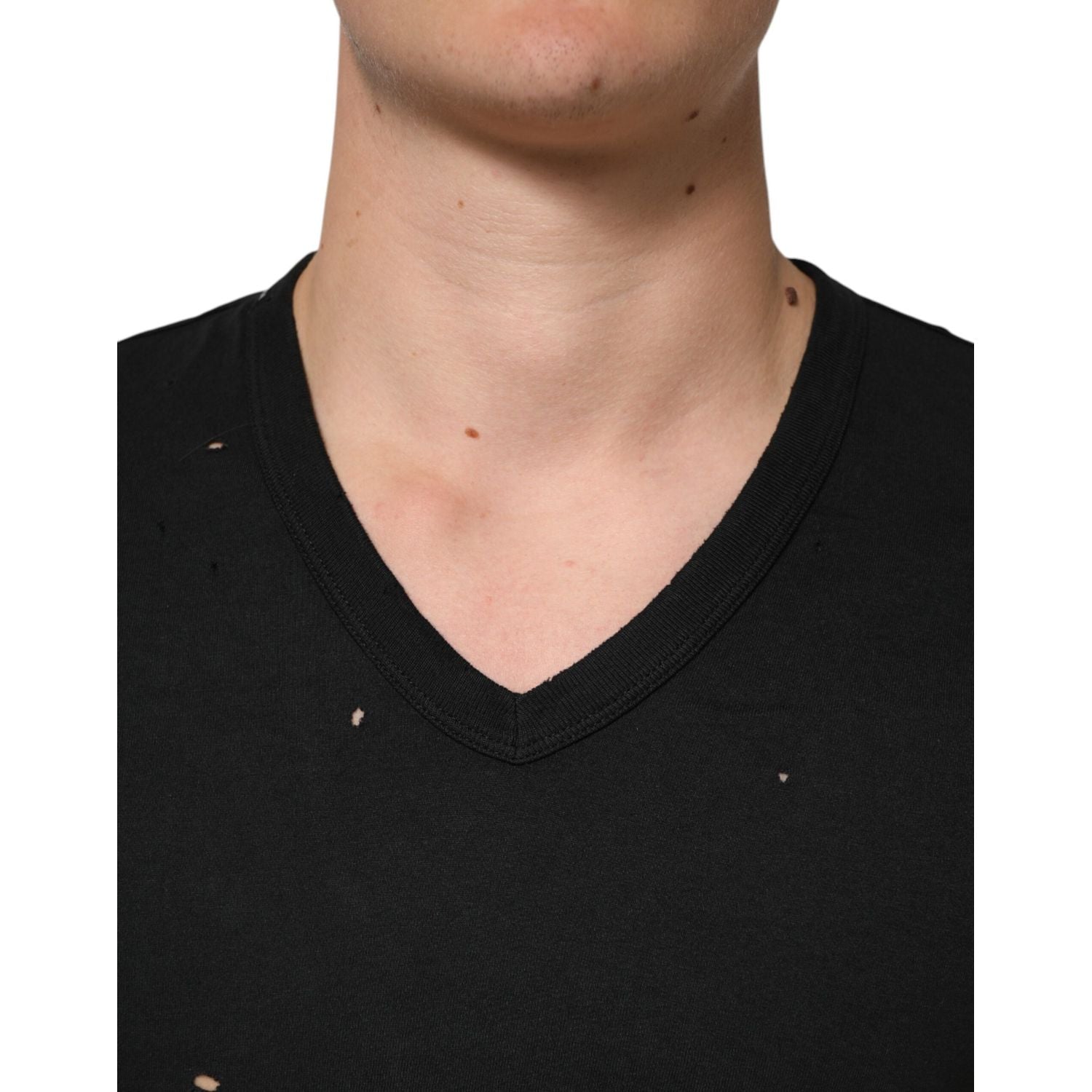 Dolce & Gabbana Black Cotton Tattered Logo V-Neck Men T-shirt