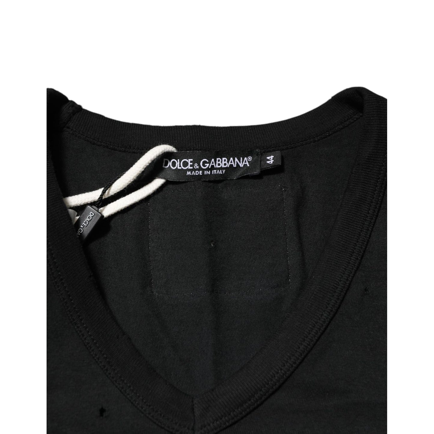 Dolce & Gabbana Black Cotton Tattered Logo V-Neck Men T-shirt