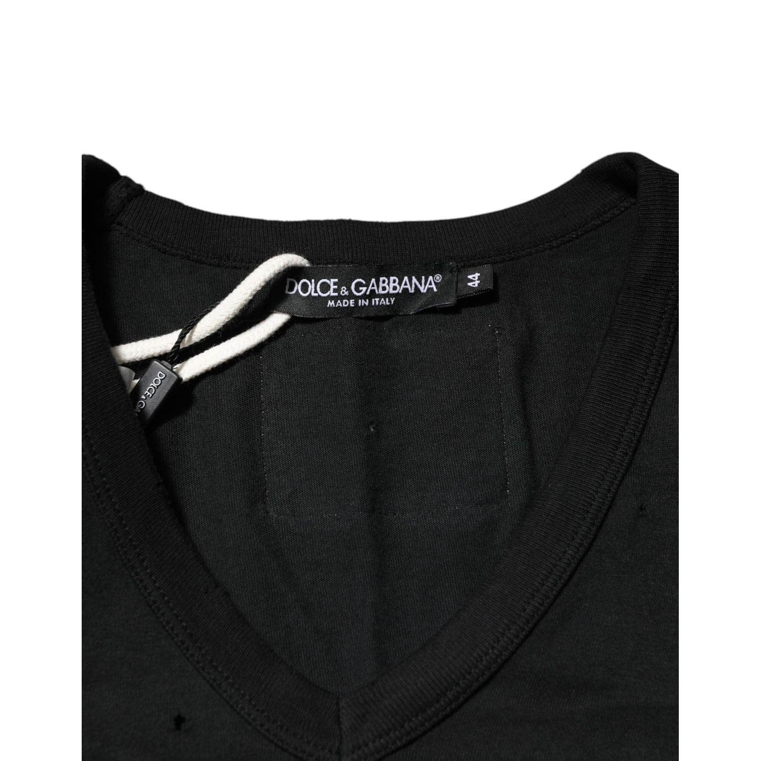 Dolce & Gabbana Black Cotton Tattered Logo V-Neck Men T-shirt