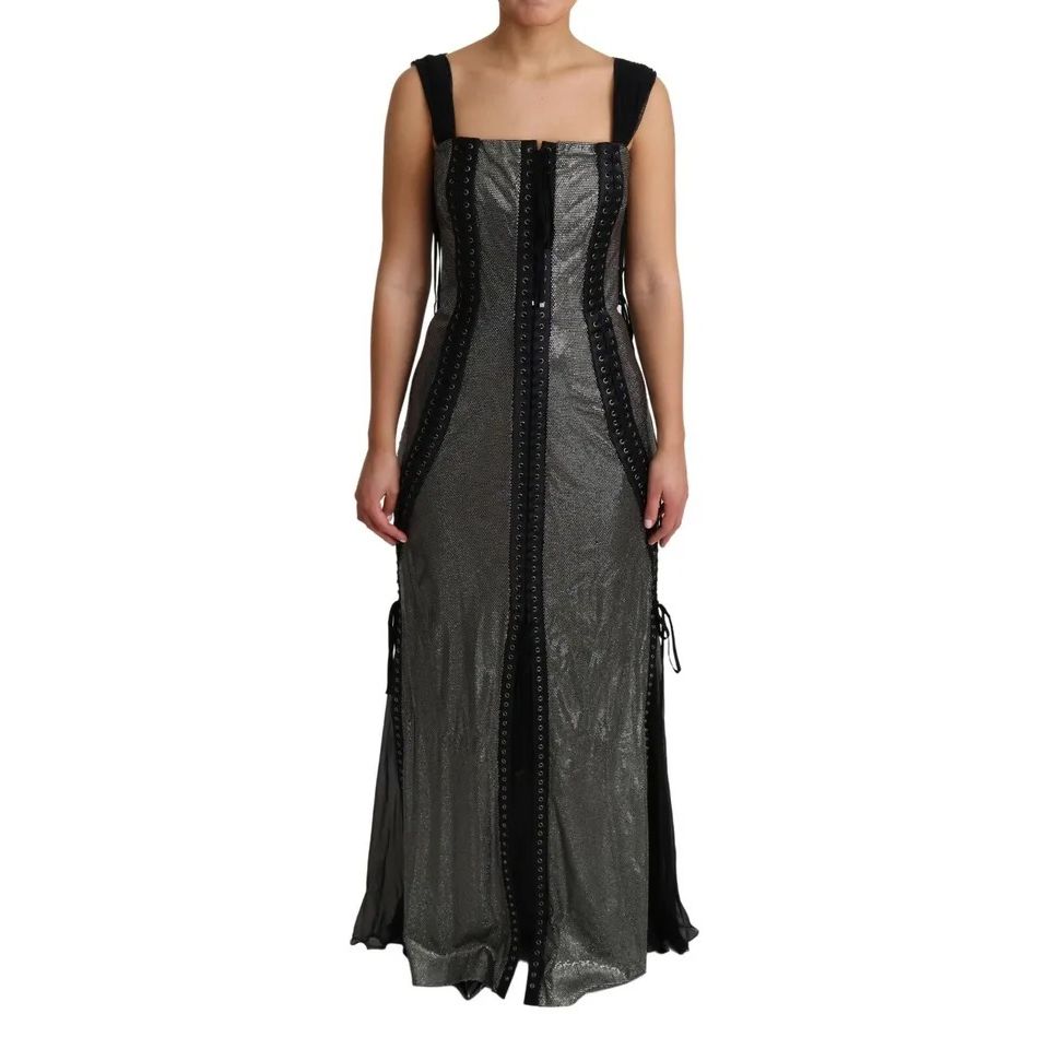 Dolce & Gabbana Black Crystals Lace Up Runway Gown Dress, elegant black and grey with crystal embellishments, front view.