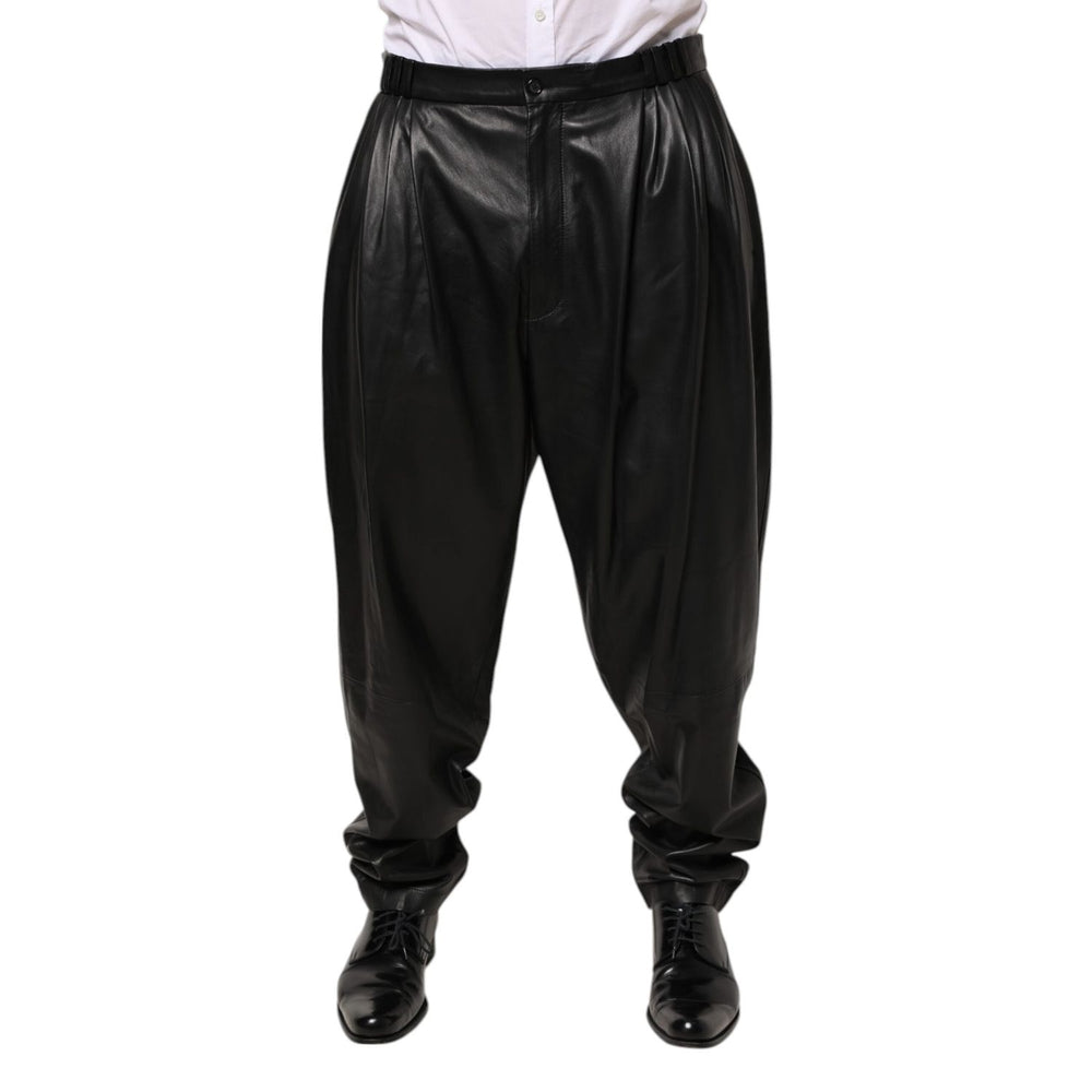 Dolce & Gabbana Black Lamb Leather Trousers Men Pants shown in front view with button and zip closure.