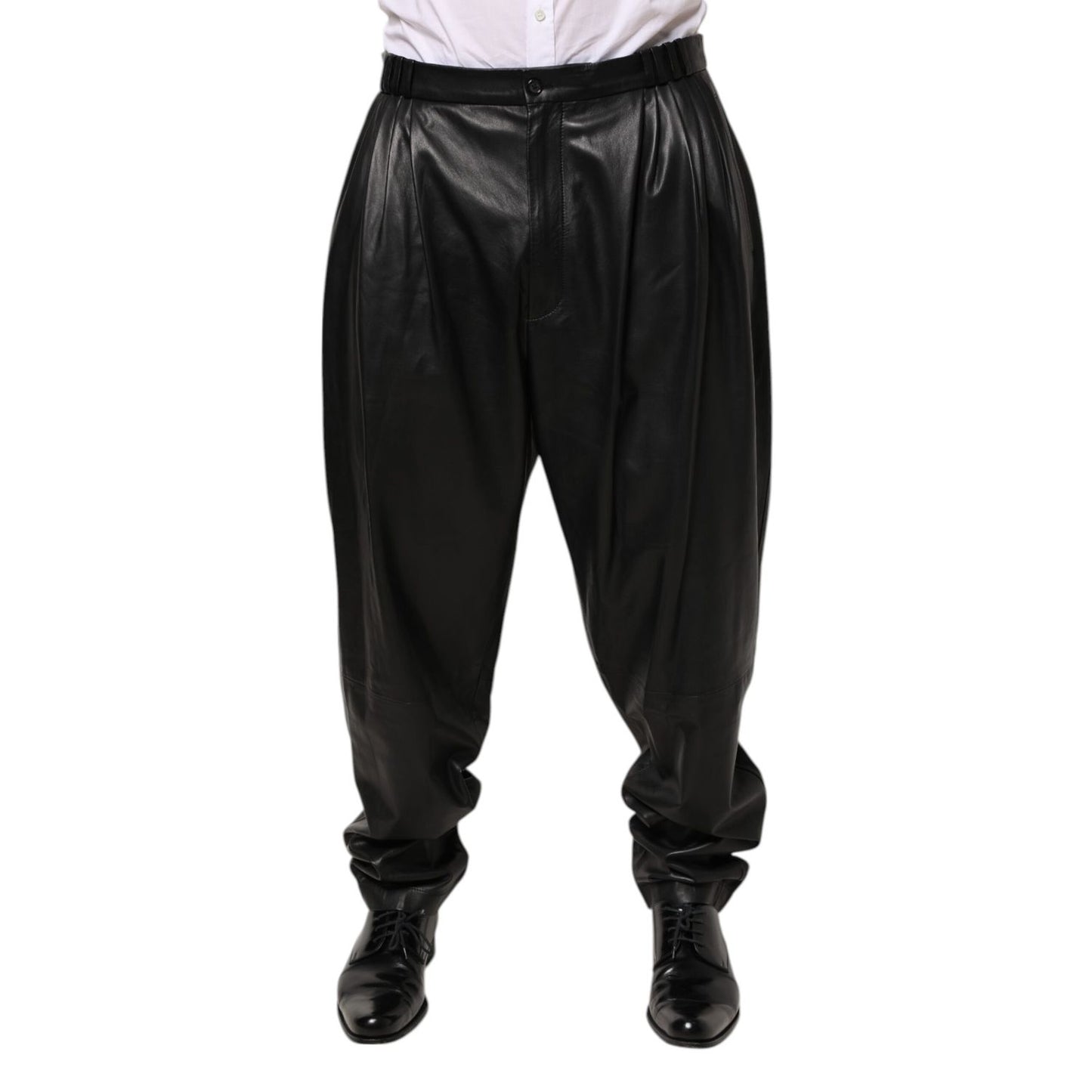 Dolce & Gabbana Black Lamb Leather Trousers Men Pants with button and zip closure, side and back pockets, and logo detailing.
